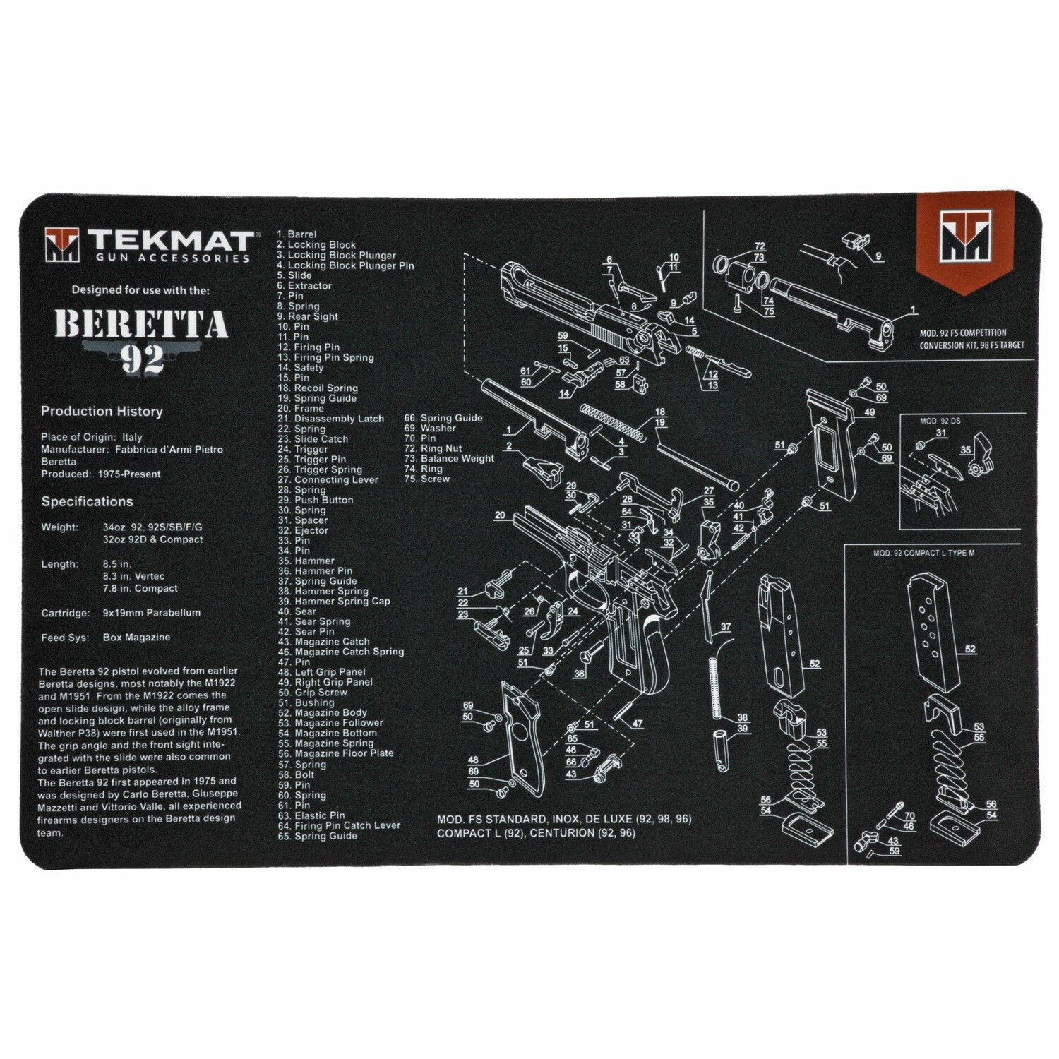 Tekmat Pistol Mat Beretta 92 Blk