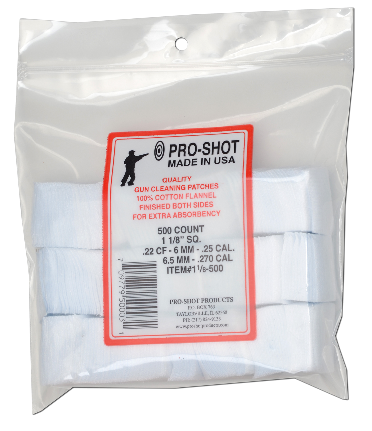 Pro-shot Cleaning Patches, Proshot 11/8-500  .22-270cal 11/8" Patch 500