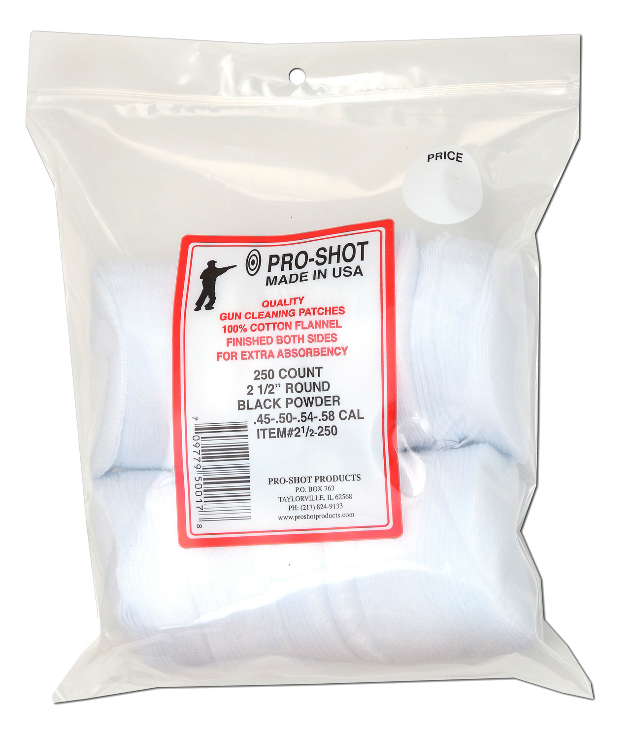 Pro-shot Cleaning Patches, Proshot 21/2-250   .45-58cal 21/2" Patch 250