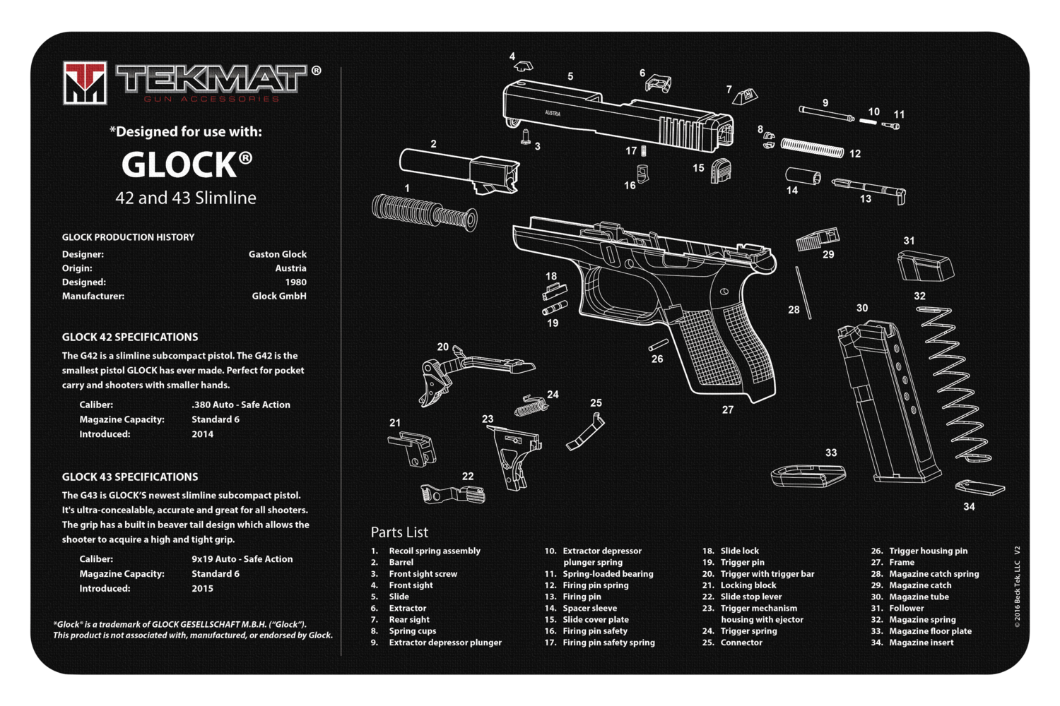 Beck Tek, Llc (tekmat) Glock 42/43, Tekmat Tekr20glock4243     Ultra 20 Glk 42/43