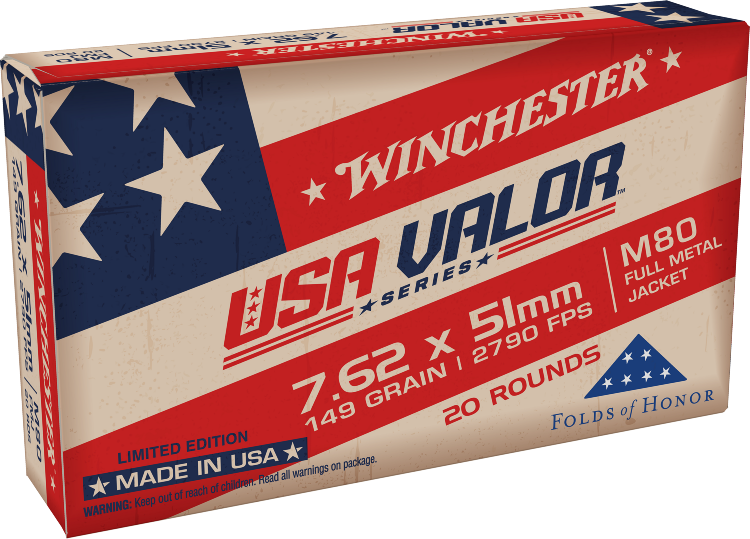 Winchester Ammo Usa Valor, Win Usavm80x  7.62x51 M80 149 Fmj  Valor     20/25