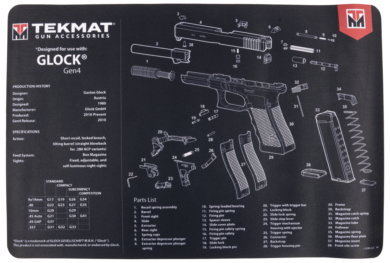 Beck Tek, Llc (tekmat) , Tekmat Tekr17glockg4       Glock Gen 4  Gun  Mat