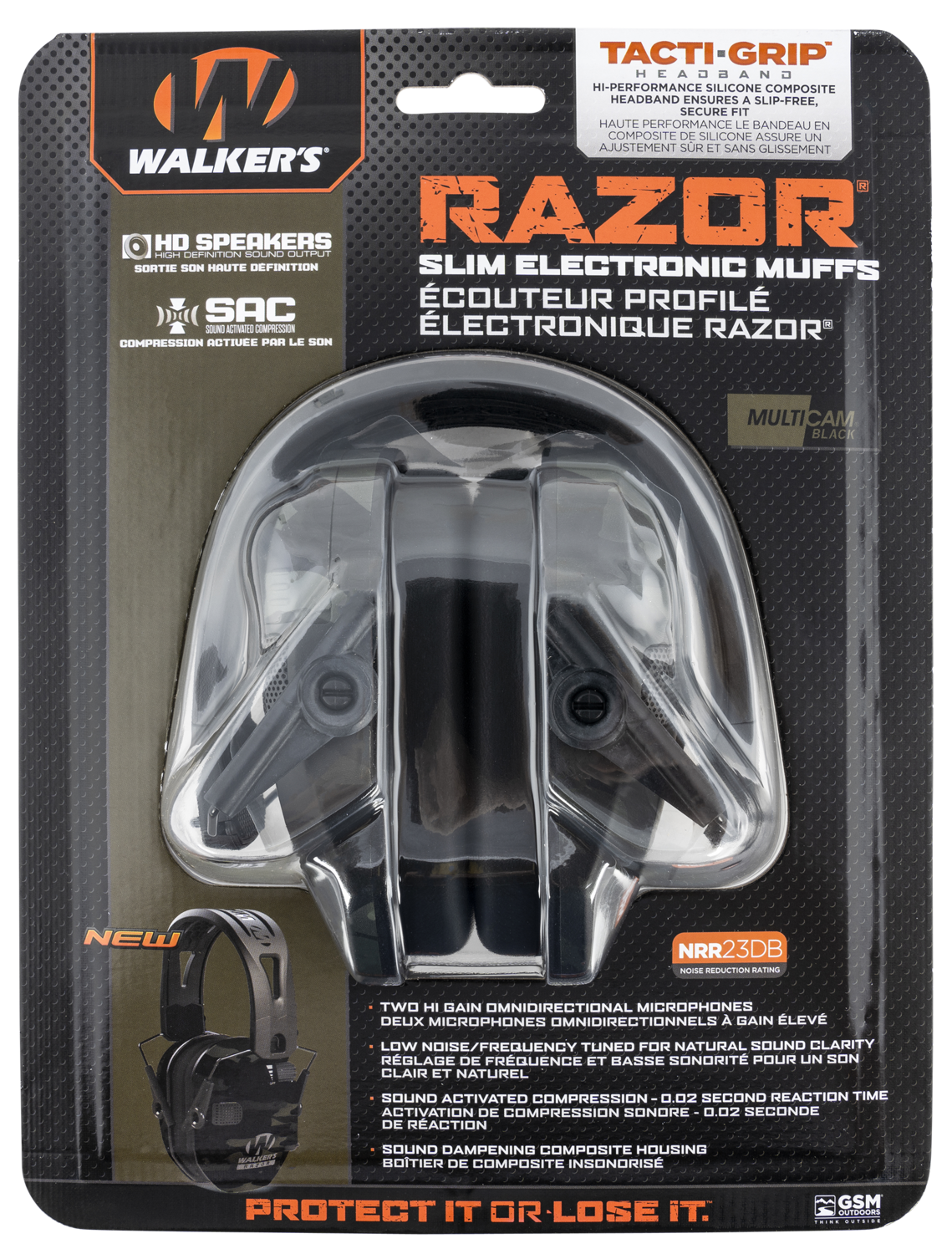 Walkers Game Ear Razor Slim Electronic, Wlkr Gwp-rsemrh-mccg   Razr Muff Tacti-grip Grycam