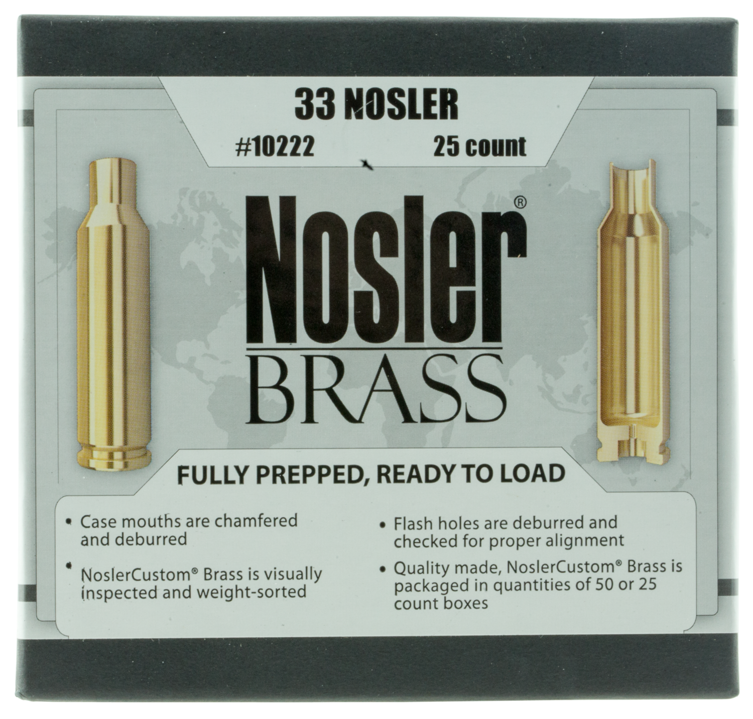 Nosler Unprimed Cases, Nos 10222 Custom Brass 33 Nosler    25