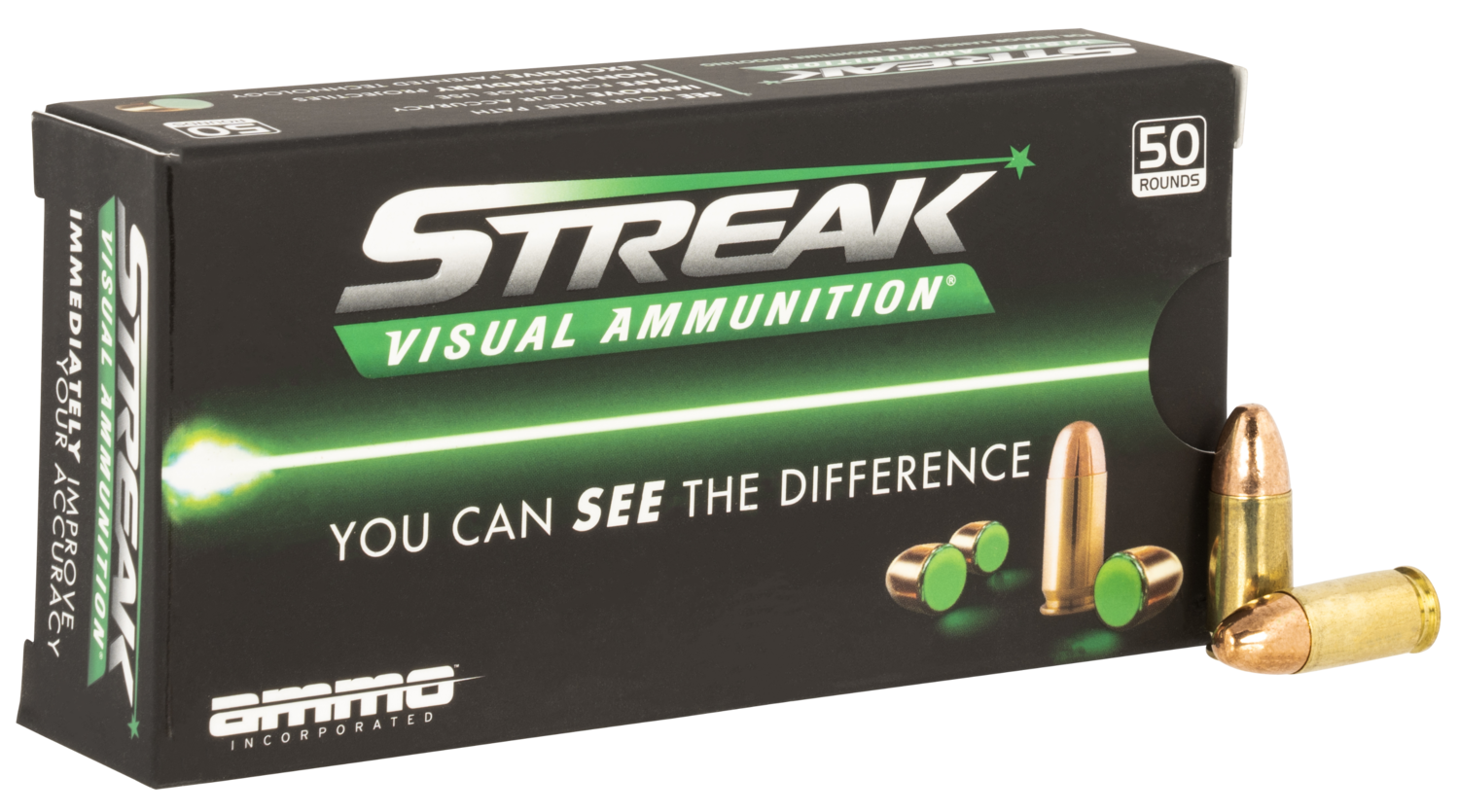 Ammo Incorporated Streak Visual (green), Ammoinc 9115tmcstrkgrn50  Streak 9mm 115 Tmc 50/20