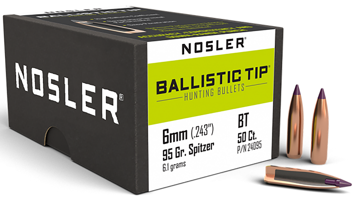 Nosler Ballistic Tip, Nos 24095 Blstc Hnt  6mm  95 Sptzr  50