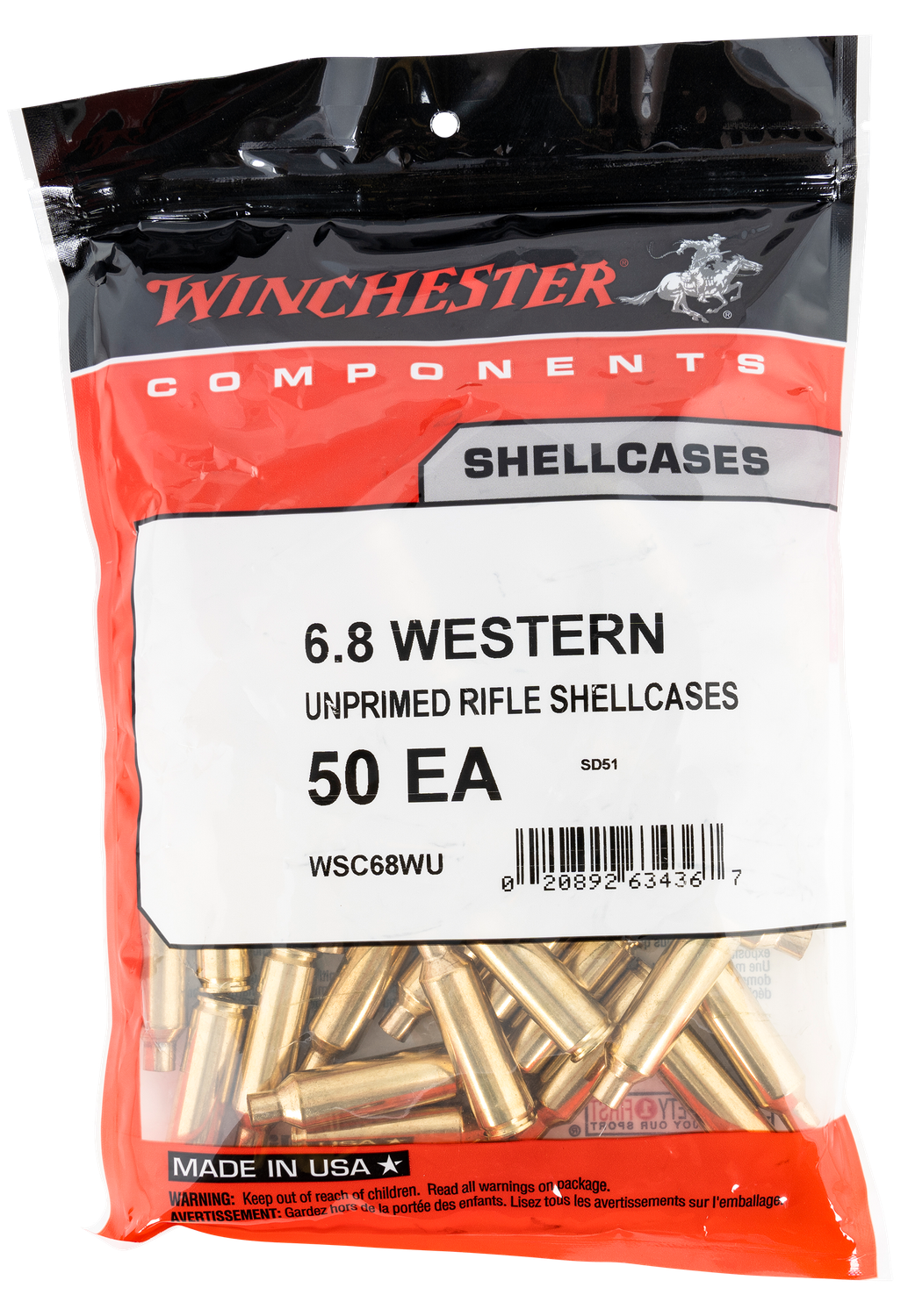 Winchester Ammo Unprimed Cases, Win Wsc68wu       Unpcase     6.8wst         50/bg