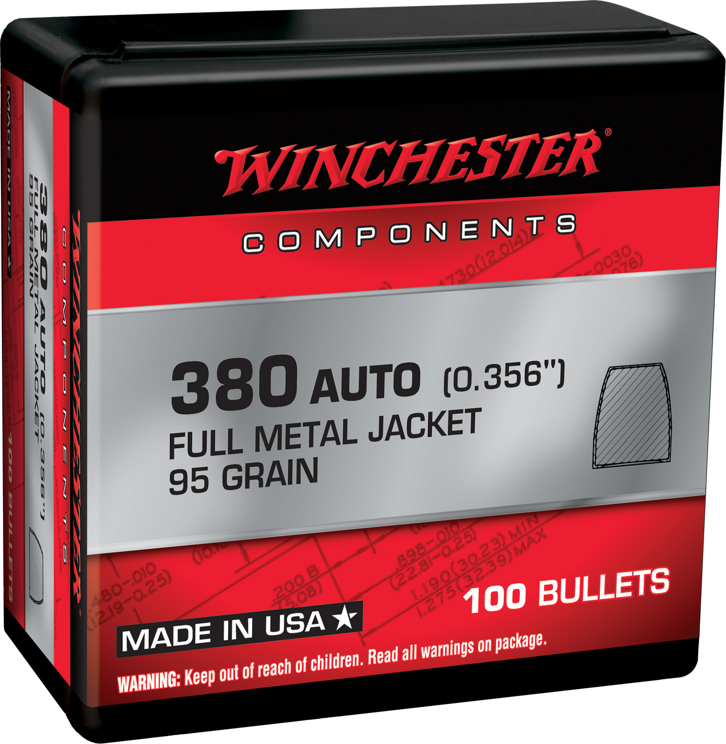Winchester Ammo Centerfire Handgun, Win Wb380mc95x     Bul 380     95 Fmj       100/10