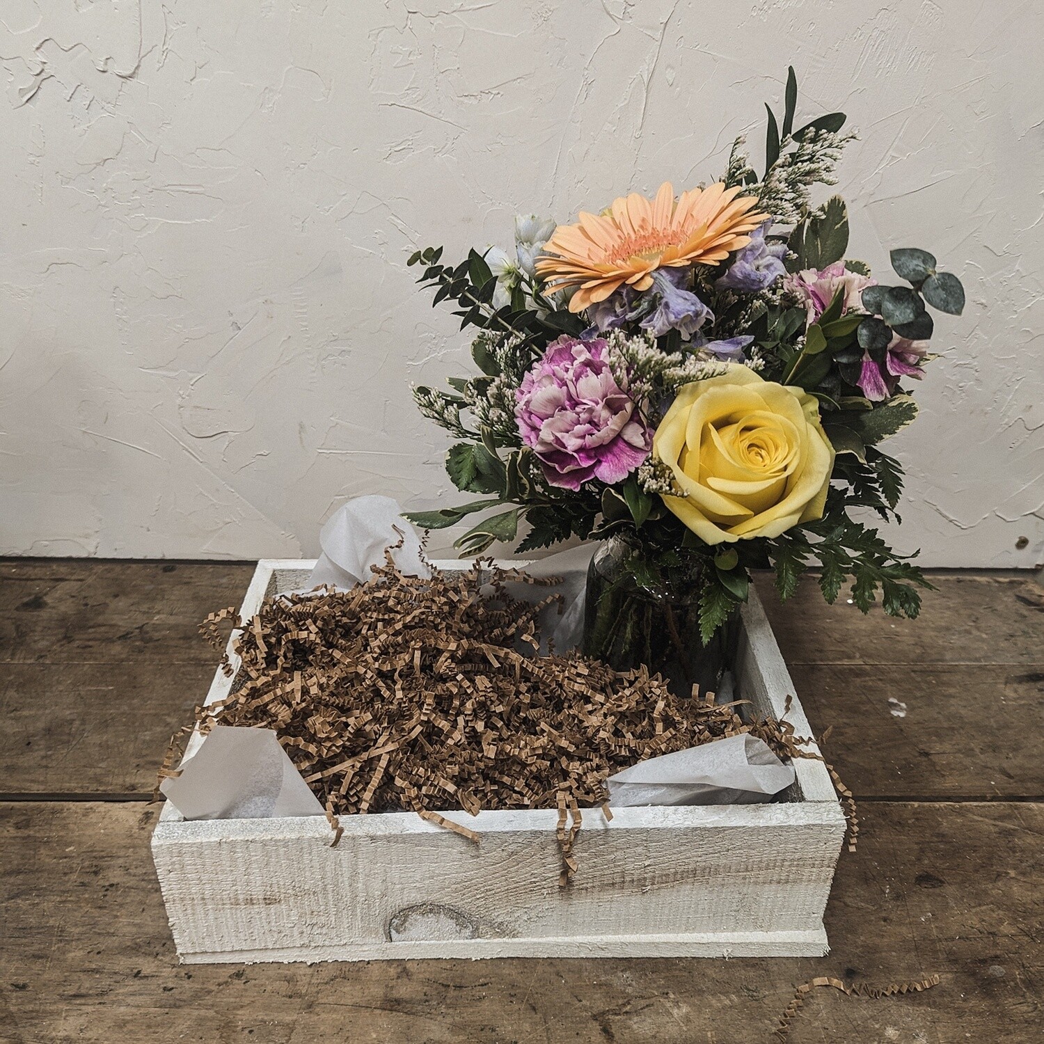 Wooden Gift Box - with Seasonal Flower Arrangement