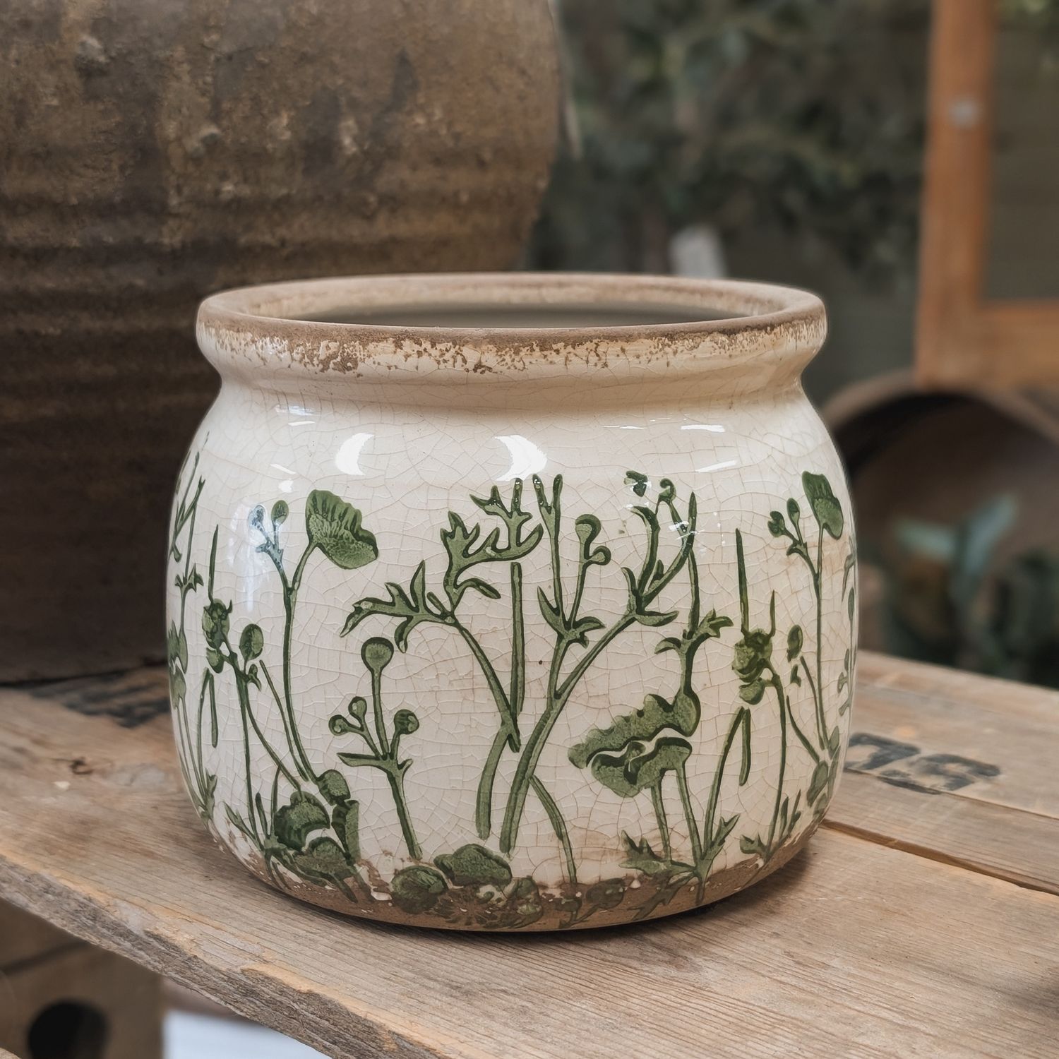 Ivory &amp; Green Floral Pot