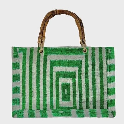 Silk Velvet Ikat Small Tote Bag with Bamboo Handle