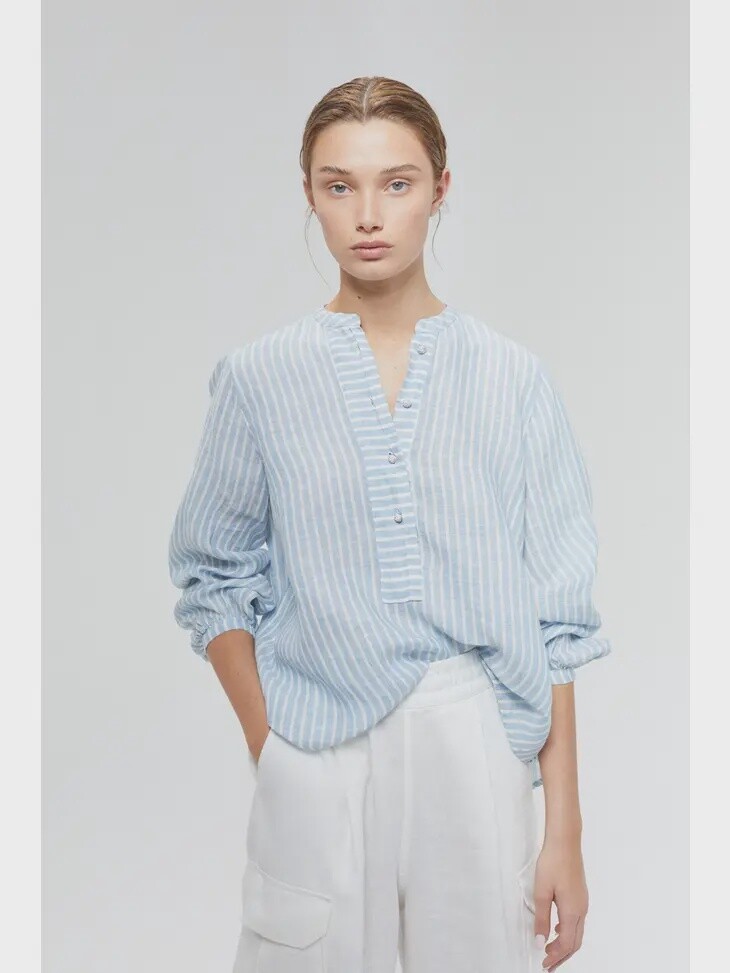 Sake Linen Shirt | Blue and White Stripes, Size: XS