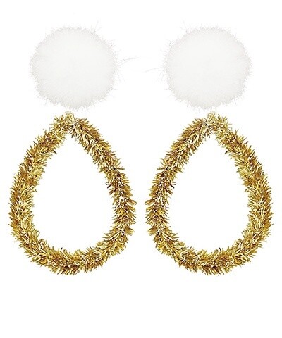 Pompom &amp; Tinsel Teardrop Earring, Colour: Gold/White