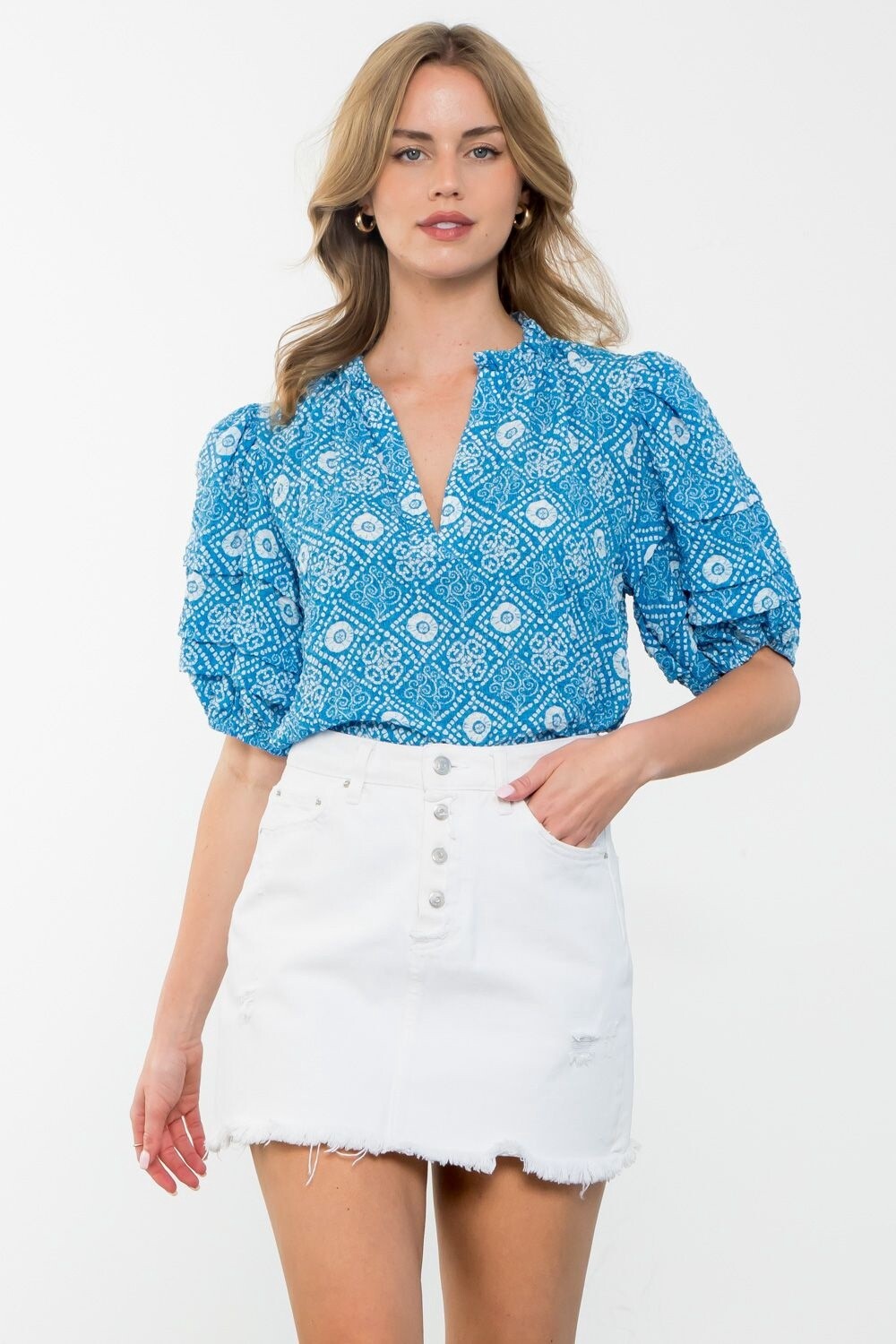 Puff Sleeve Textured Print Top, Size: XS