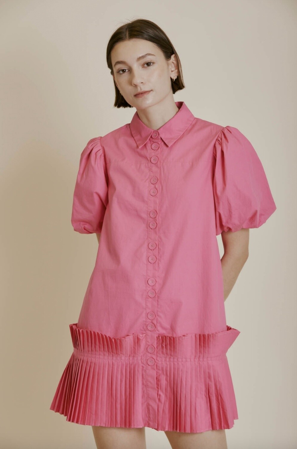 Pleated Hem Shirt Dress | Hot Pink