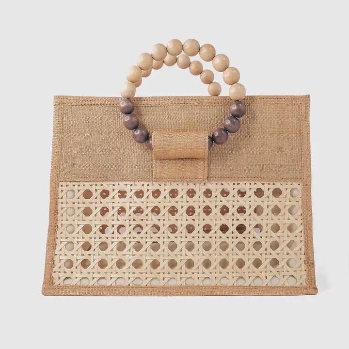 Tan + Brown Woven Rattan Statement Tote Bag