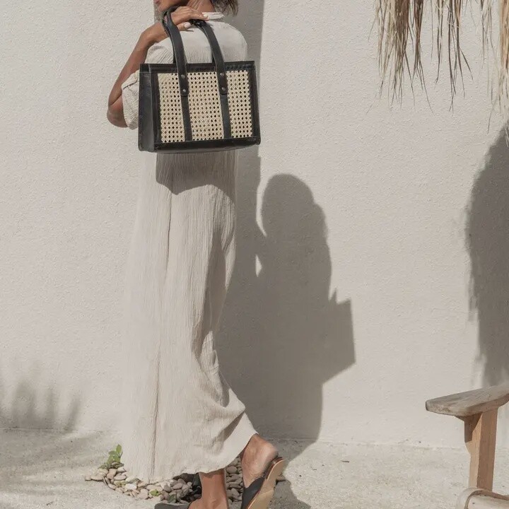 Raja Leather and Cane Bag Black | Small
