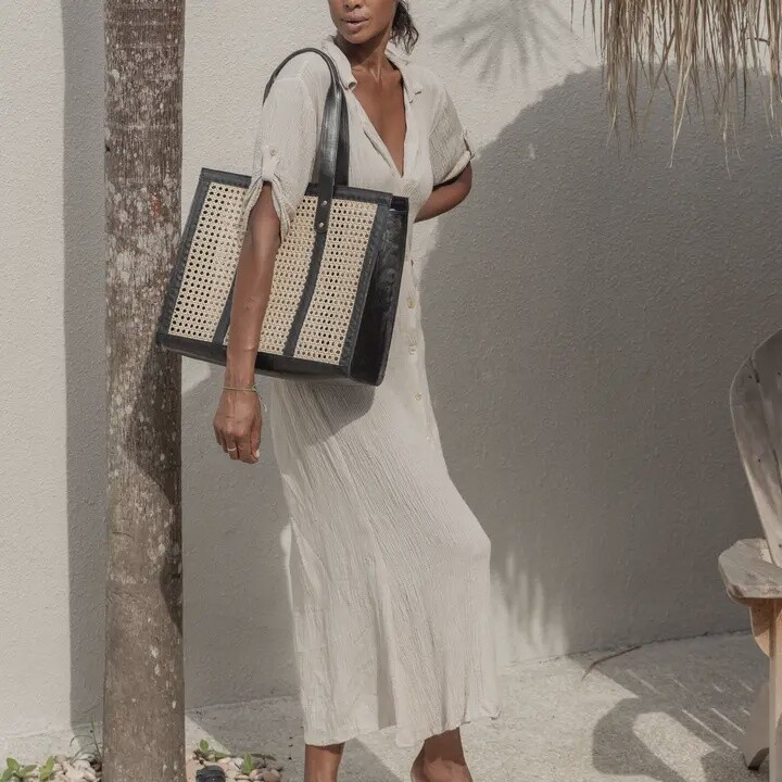 Raja Leather and Cane Bag Black | Large