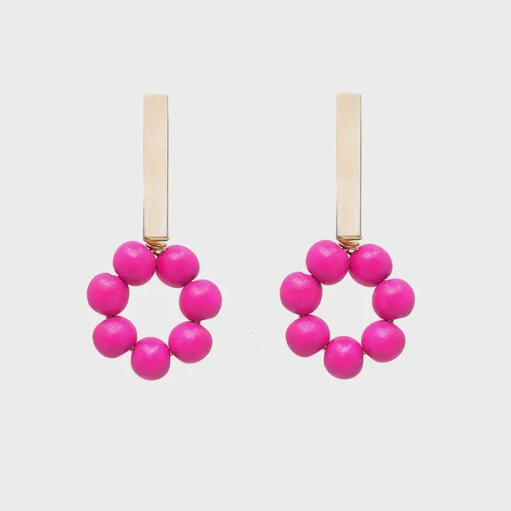 Gold Bar Wooden Bead Earrings, Colour: Pink