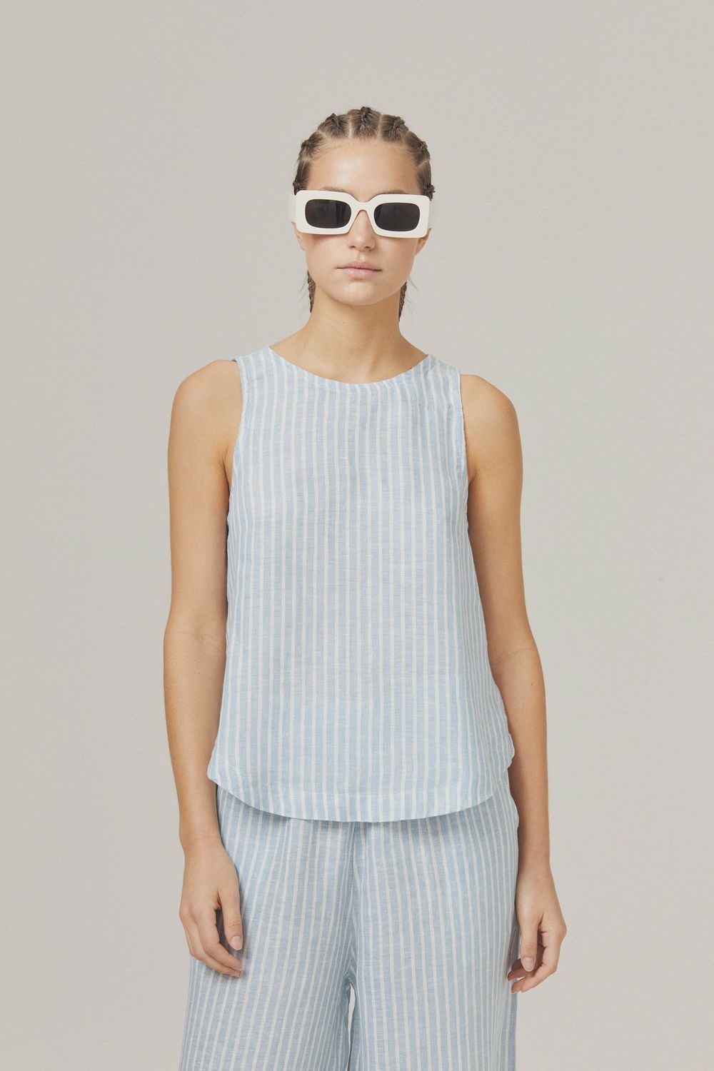 Yves Linen Top Blue and White Stripe