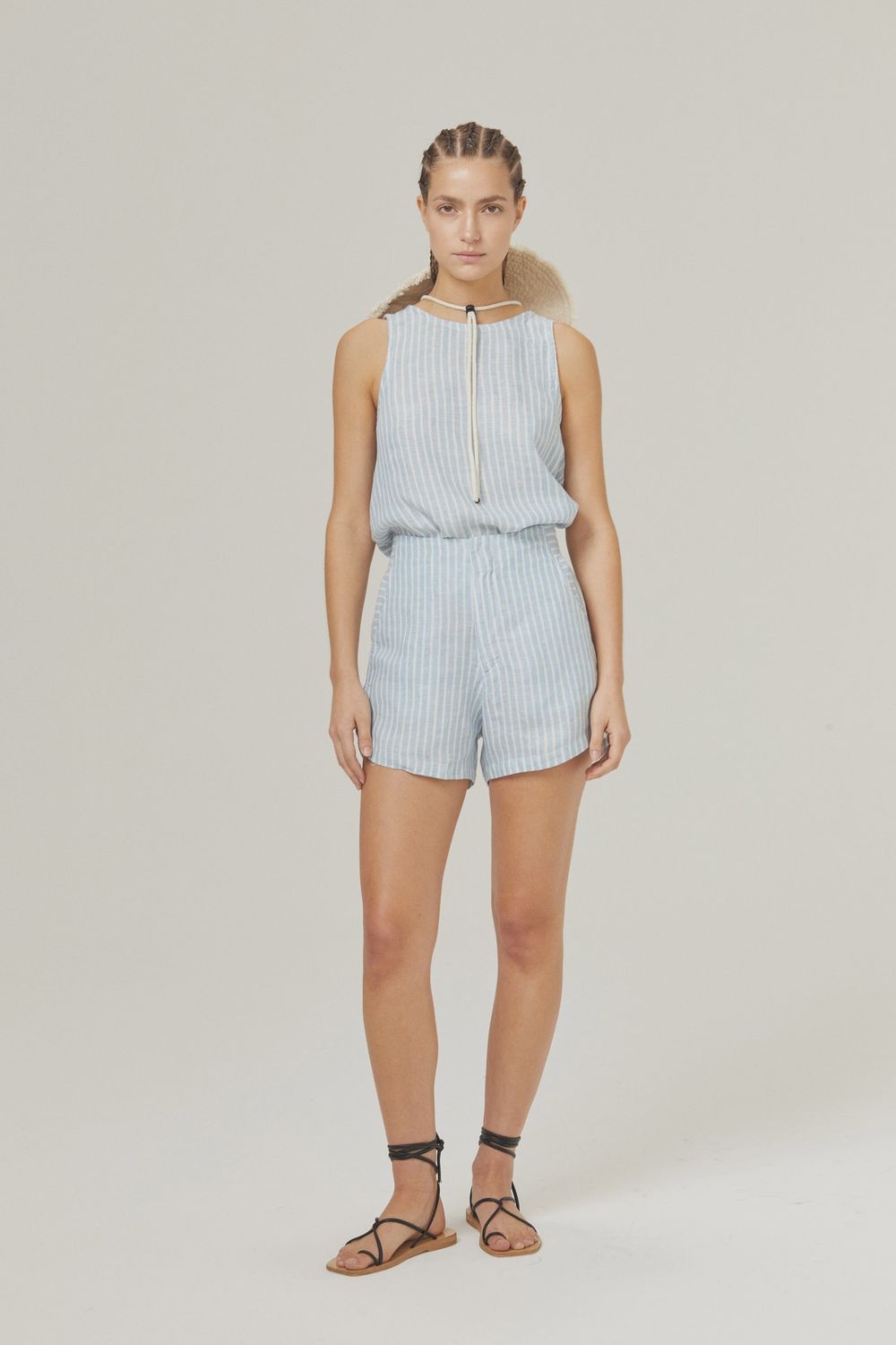 Moon Linen Shorts Blue and White Stripe
