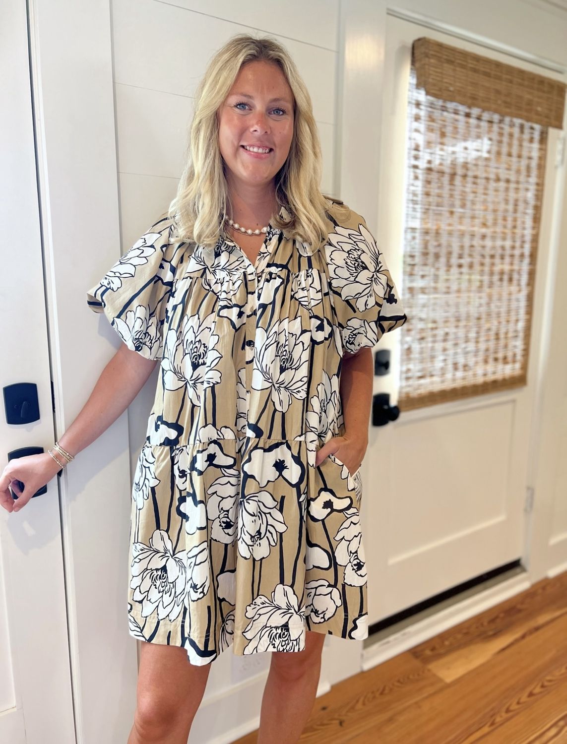 Bubble Sleeve Mini Shirt Dress Tan