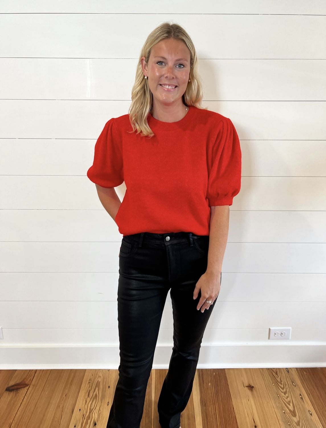 Puff Sleeve Cropped Sweater Red