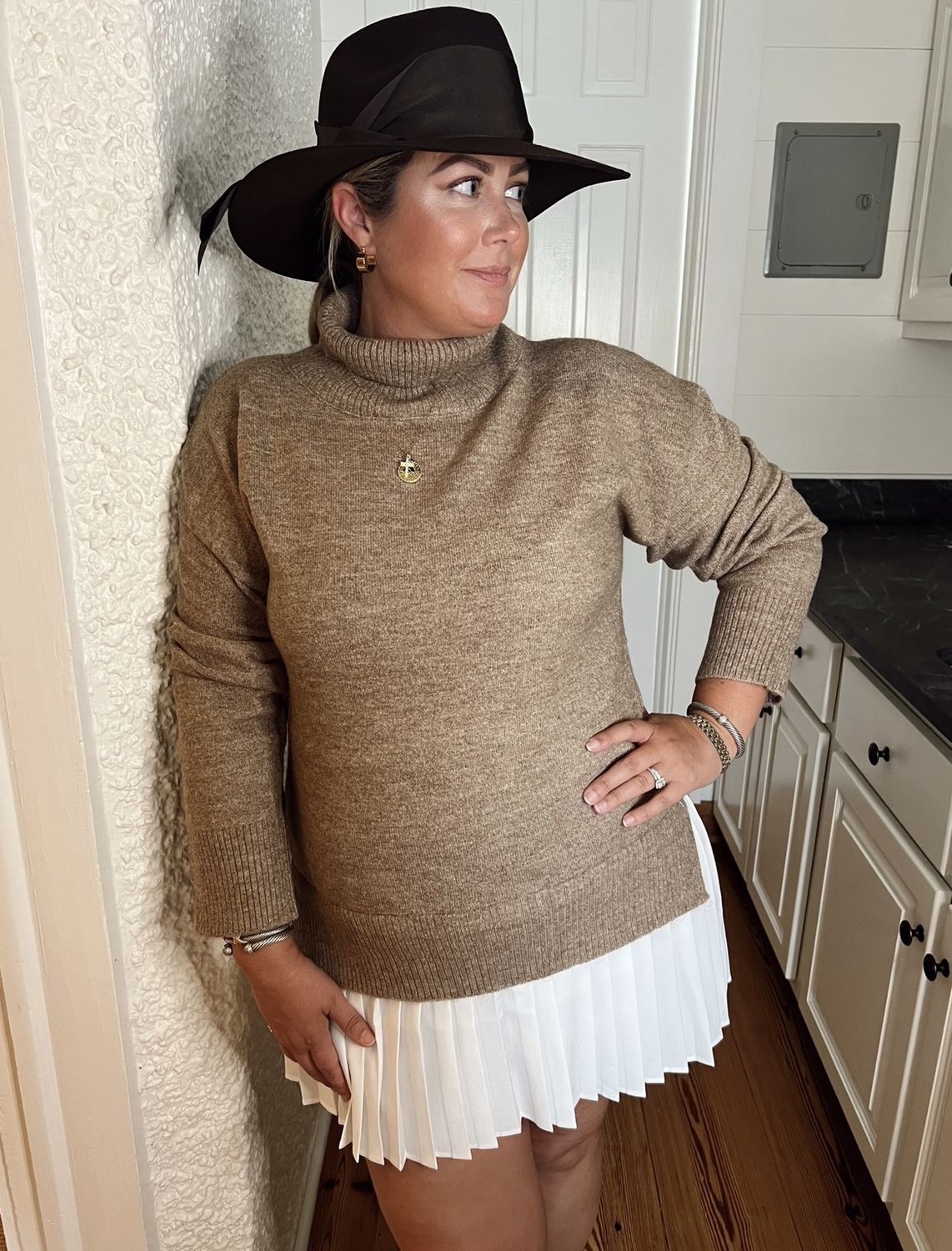 Pleated Hem Turtleneck Dress