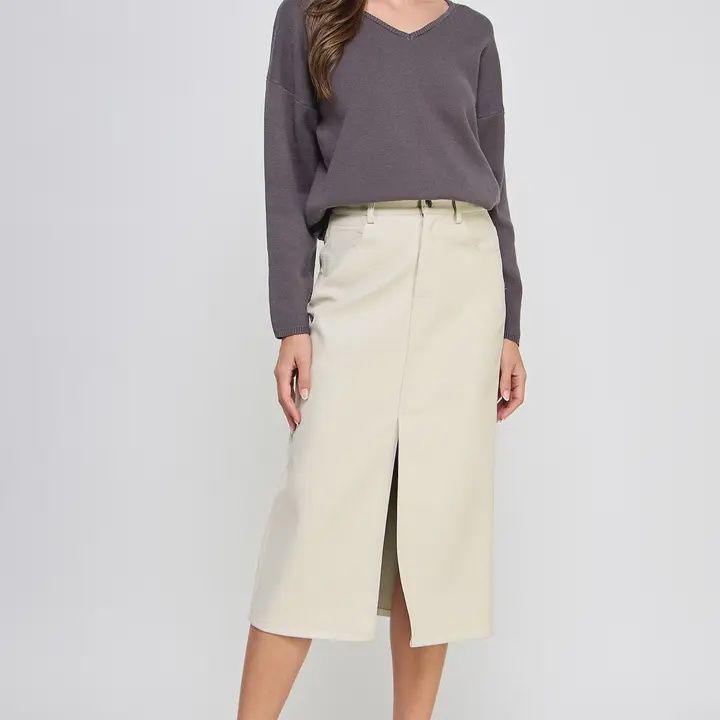 Faux Leather Midi Skirt in Sand