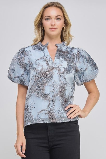Foiled V-Neck Puff Sleeve