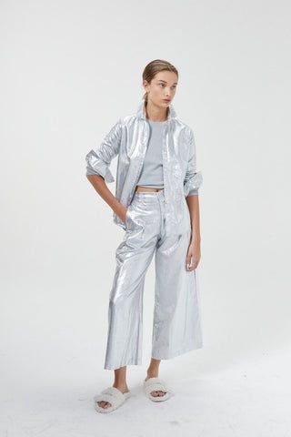 Culotte Metallic Linen Pants in Silver