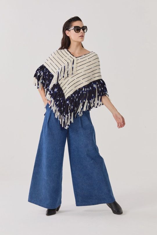 Merino Wool Poncho - Natural with Navy