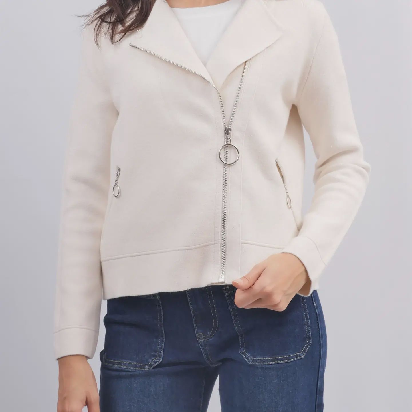 Zipped Blazer Cardigan Jacket in Off-White