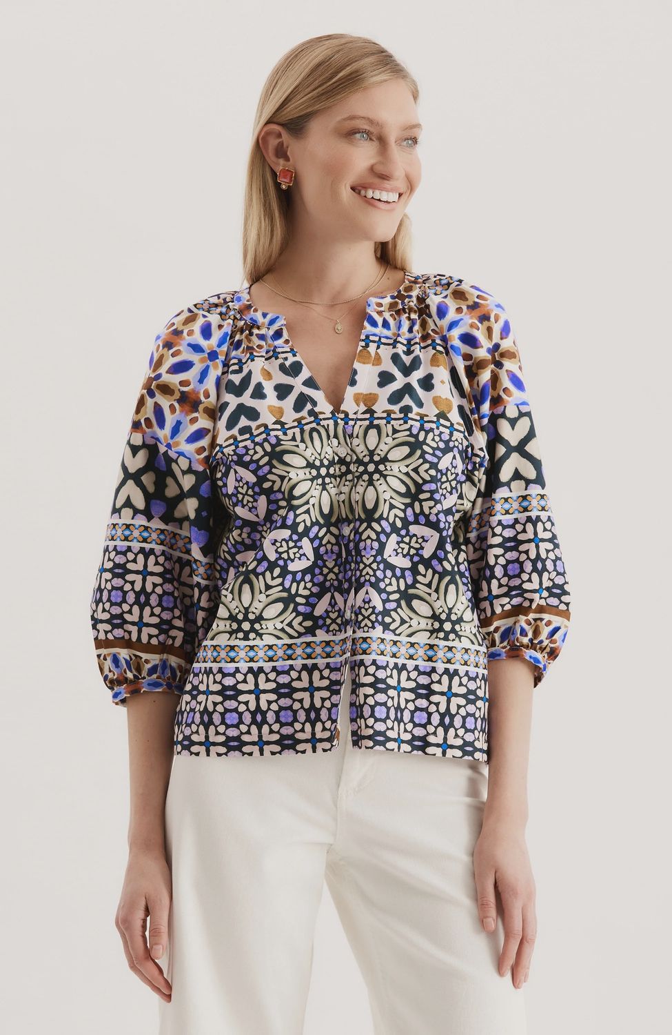 Harper Cotton Blue Mosaic Top, Size: Small
