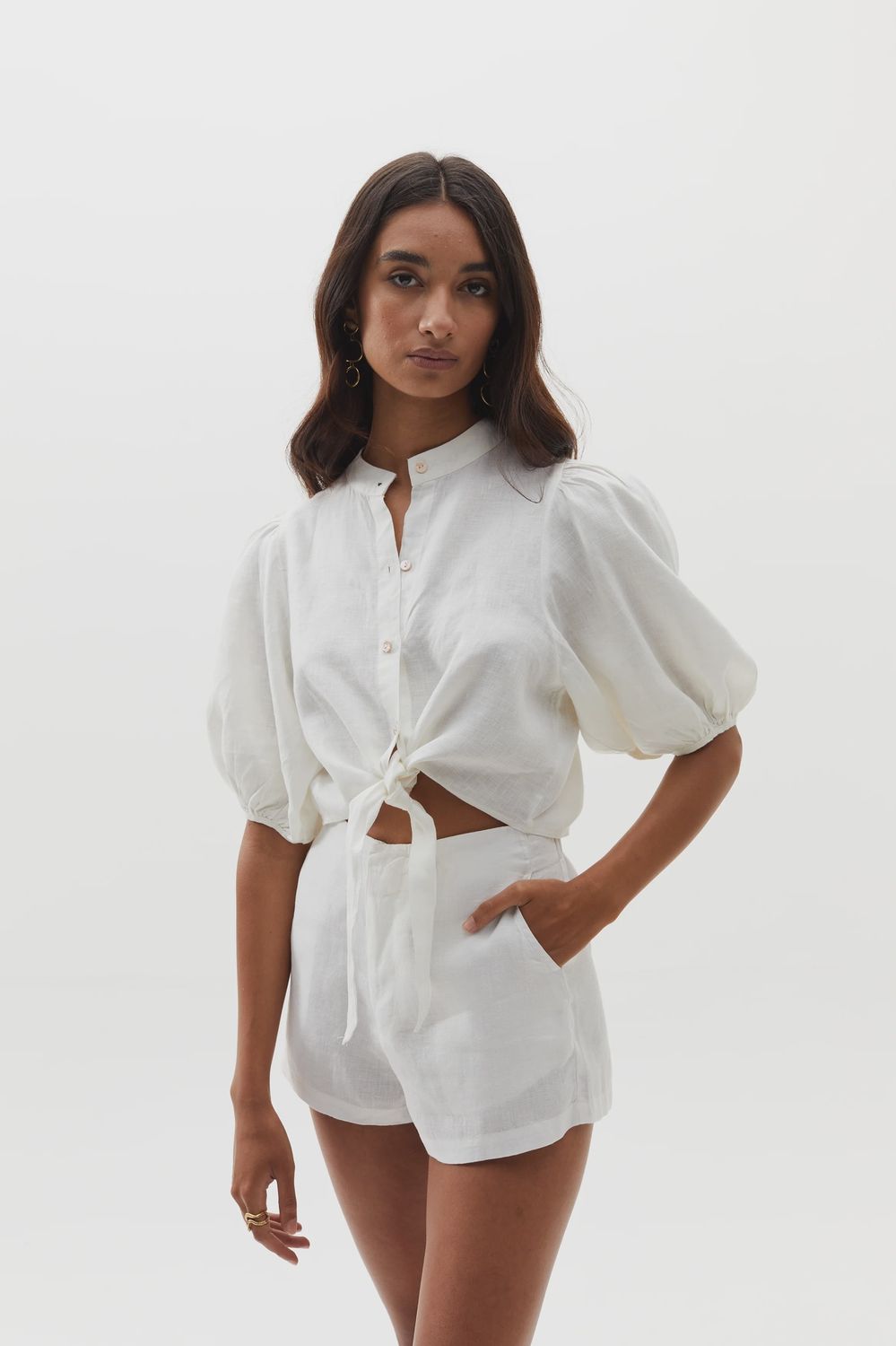 Bubble Linen Crop Top in White, Size: XS