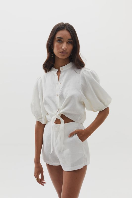 Bubble Linen Crop Top in White