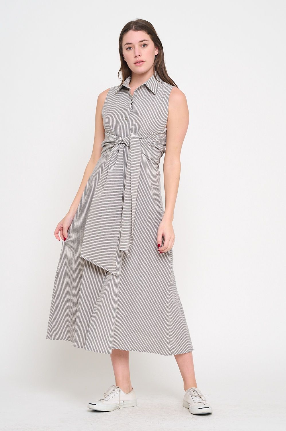 Grey Stripe Midi Dress, Size: XS