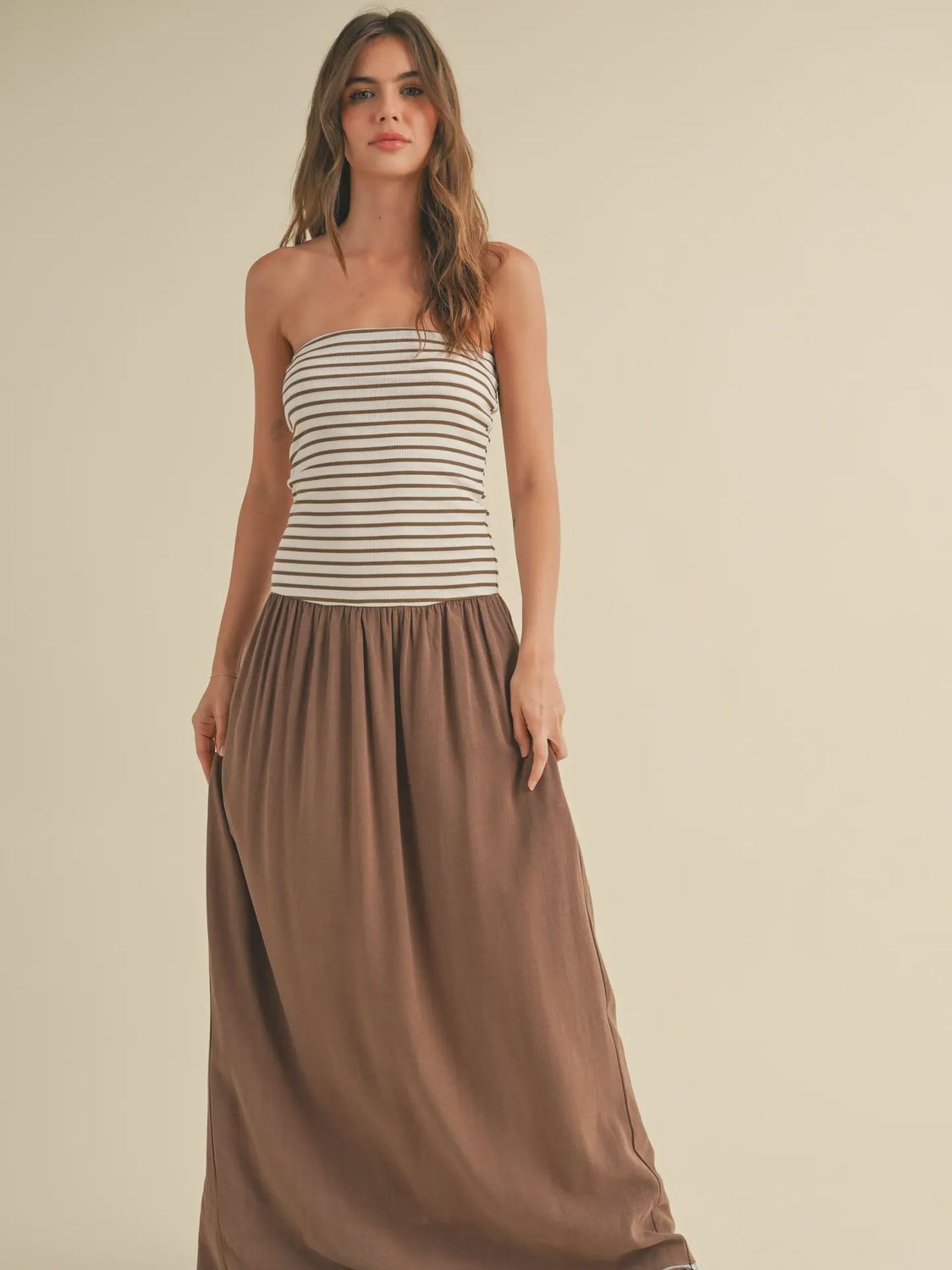 Striped Linen Ribbed Combo Dress, Size: Small