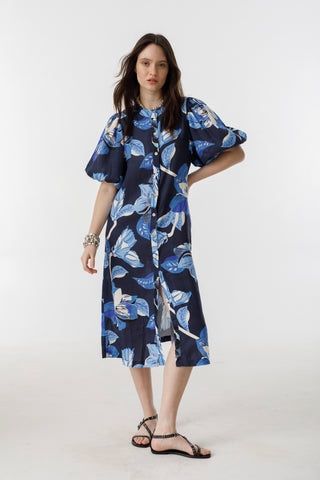 Bubble Linen Dress in Navy Hibiscus Print