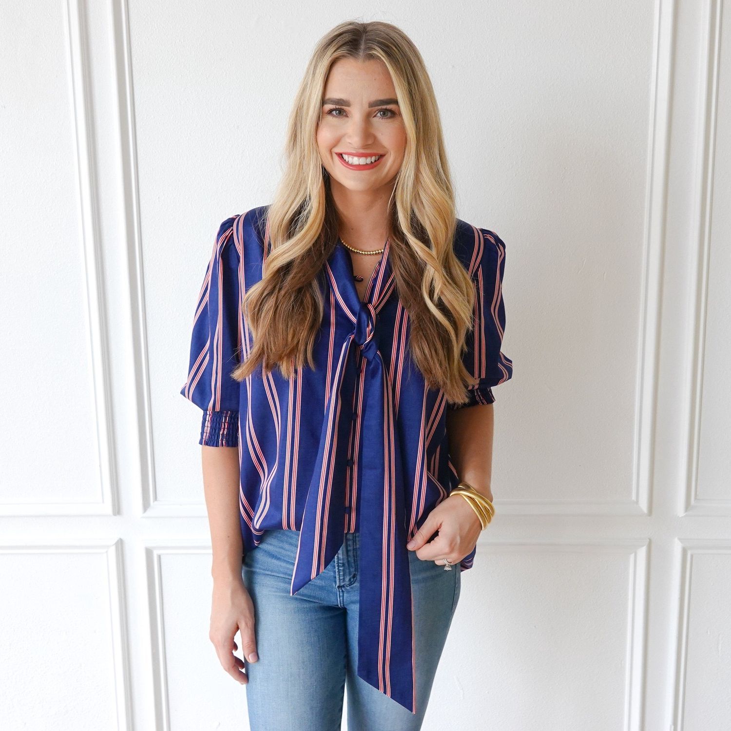 Holly Bow Top Navy with Red and White Stripe, Size: Size 1