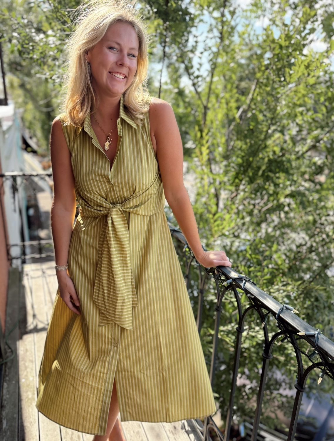 Olive Stripe Poplin Midi Dress