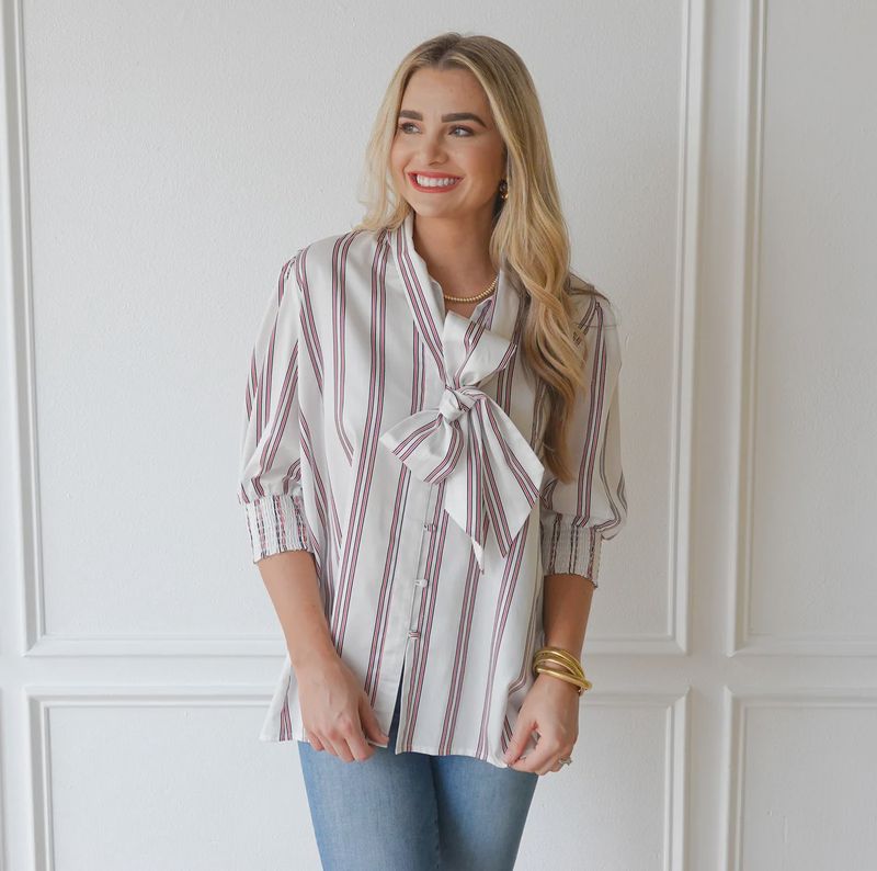 Holly Bow Top White with Navy and Red Stripe