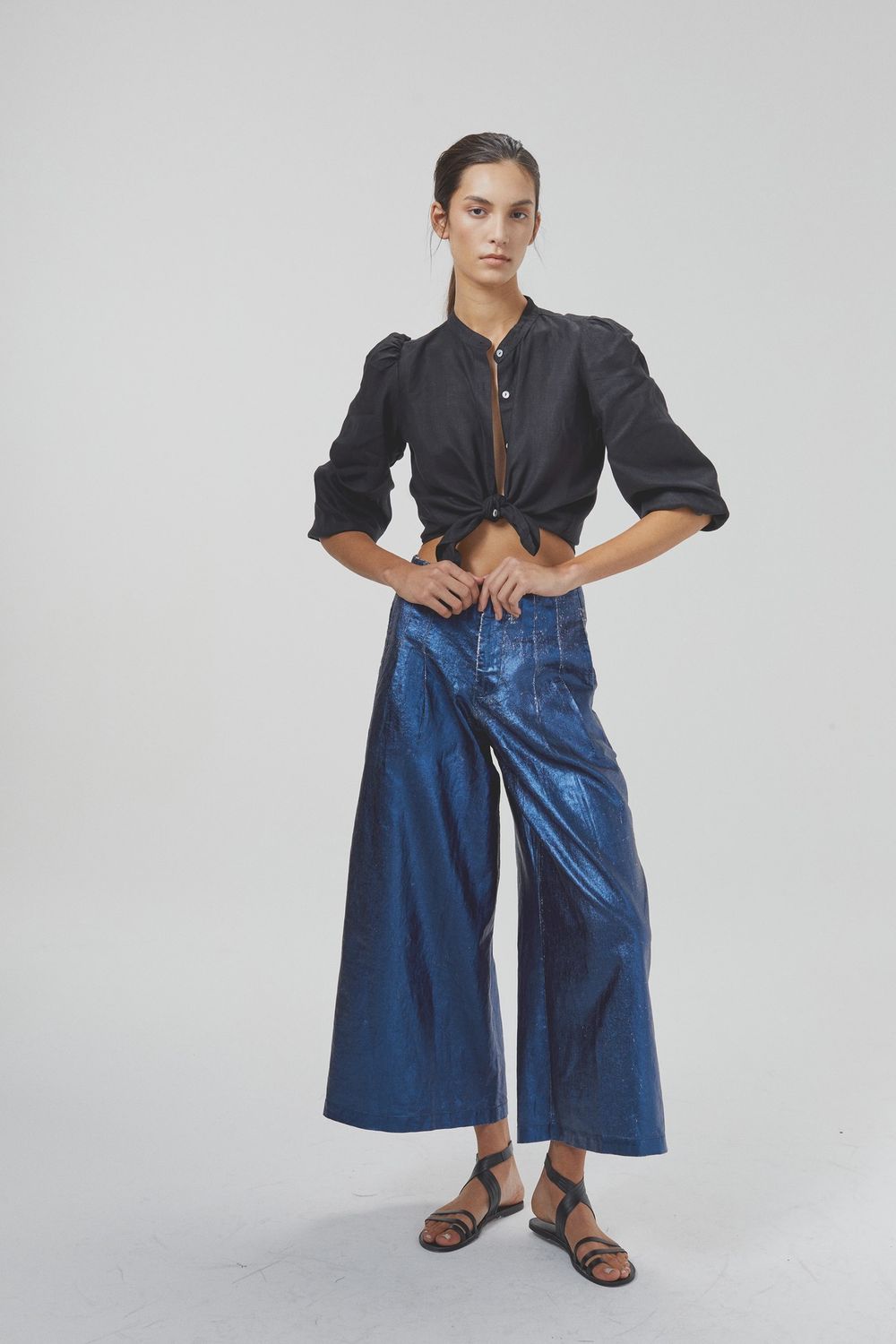 Culotte Metallic Linen Pants in Dark Blue, Size: XS
