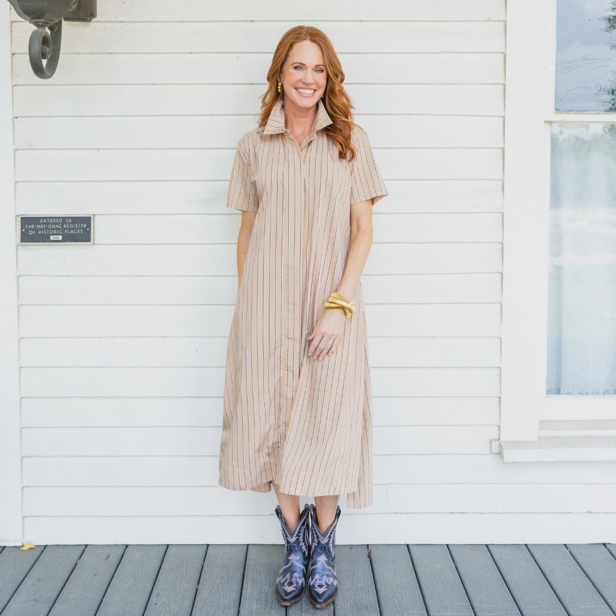Millie Dress Long Khaki Stripe, Size: 1
