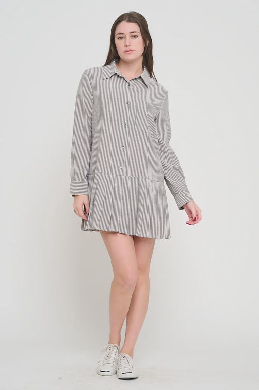 Grey Stripe Pleat Shirt Dress