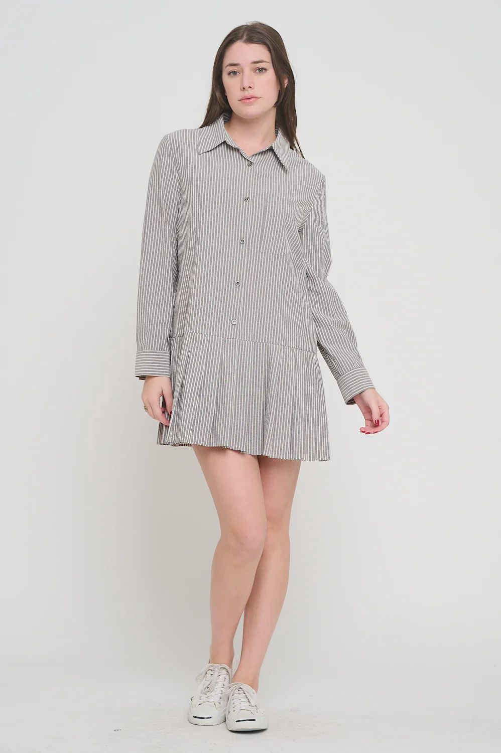 Grey Stripe Pleat Shirt Dress, Size: XS