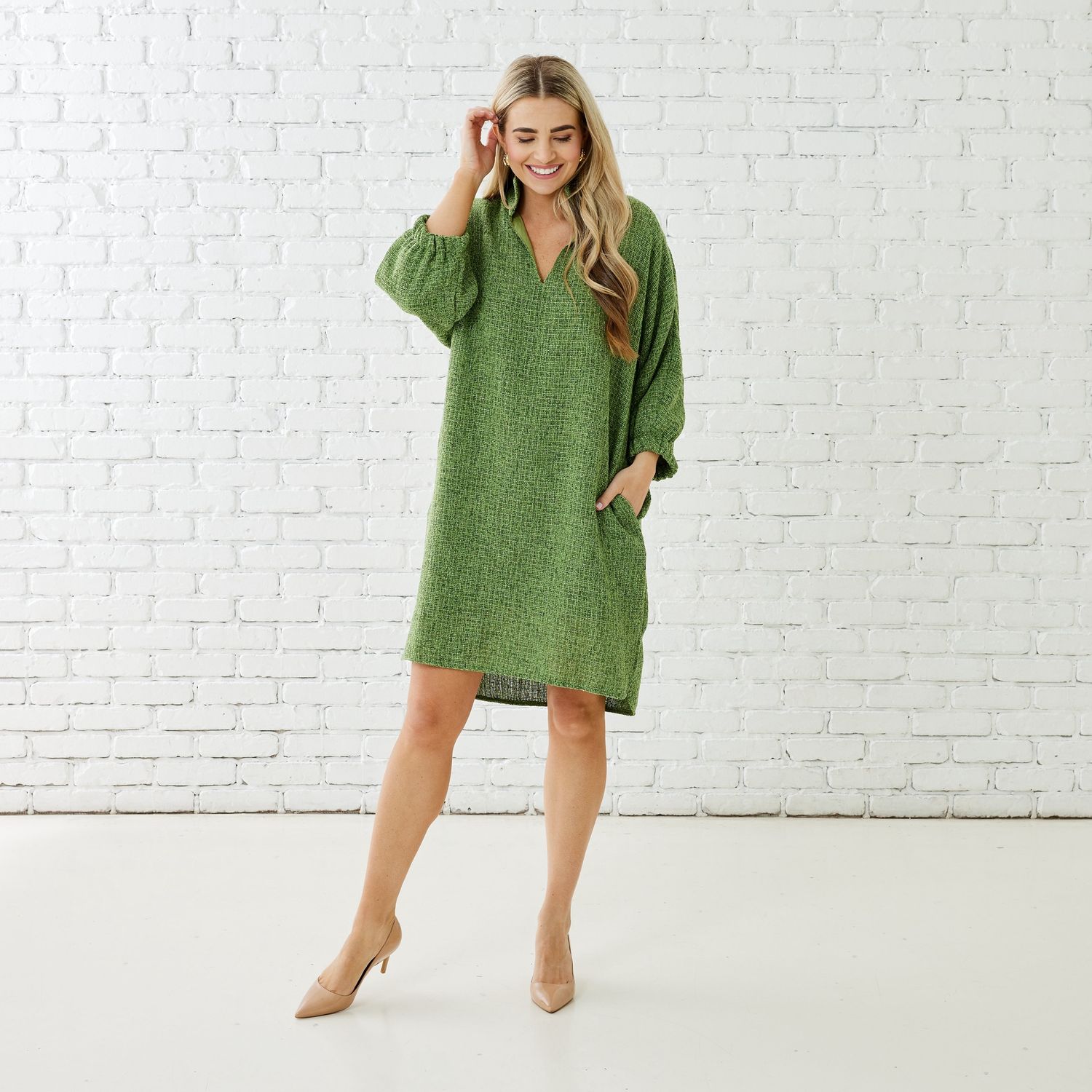 Betsy Collar Tweed Dress Green, Size: Size 1