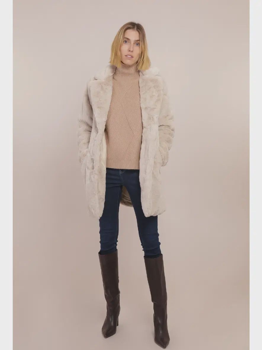 Straight Faux Fur Coat, Color: Beige, Size: One Size