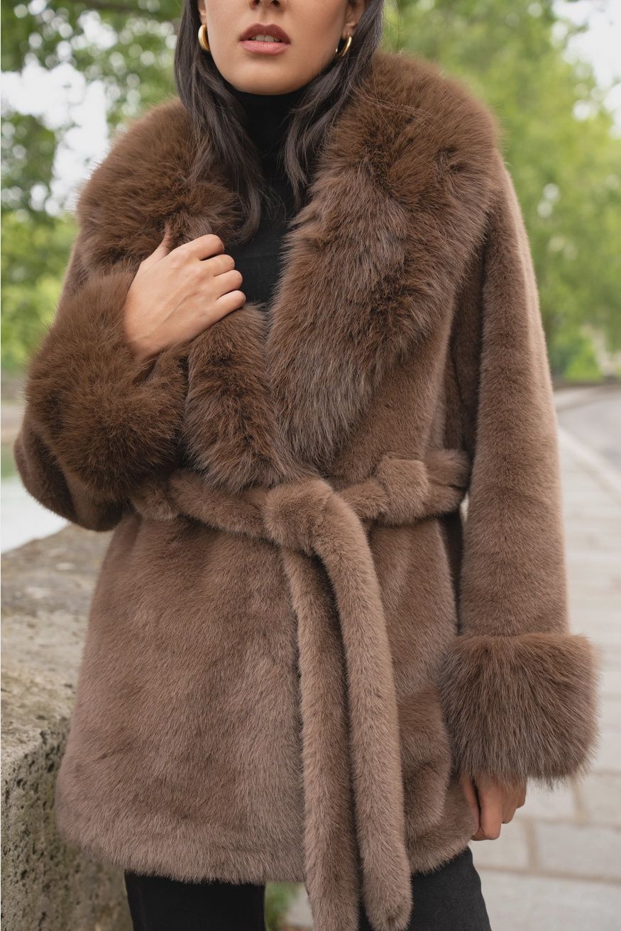 Faux Fur Coat with Collar, Size: One Size