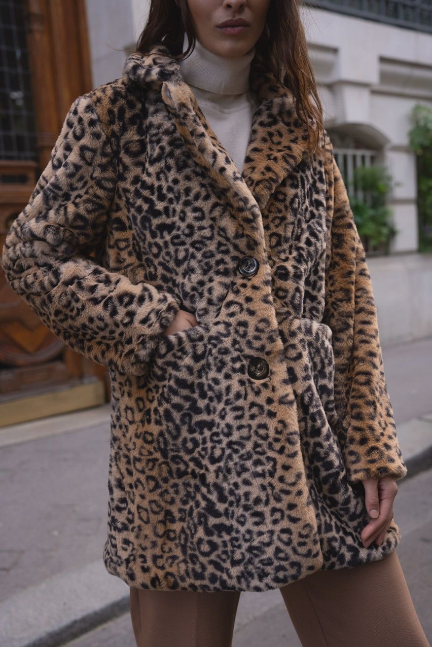 Leopard Faux Fur Coat, Size: One Size